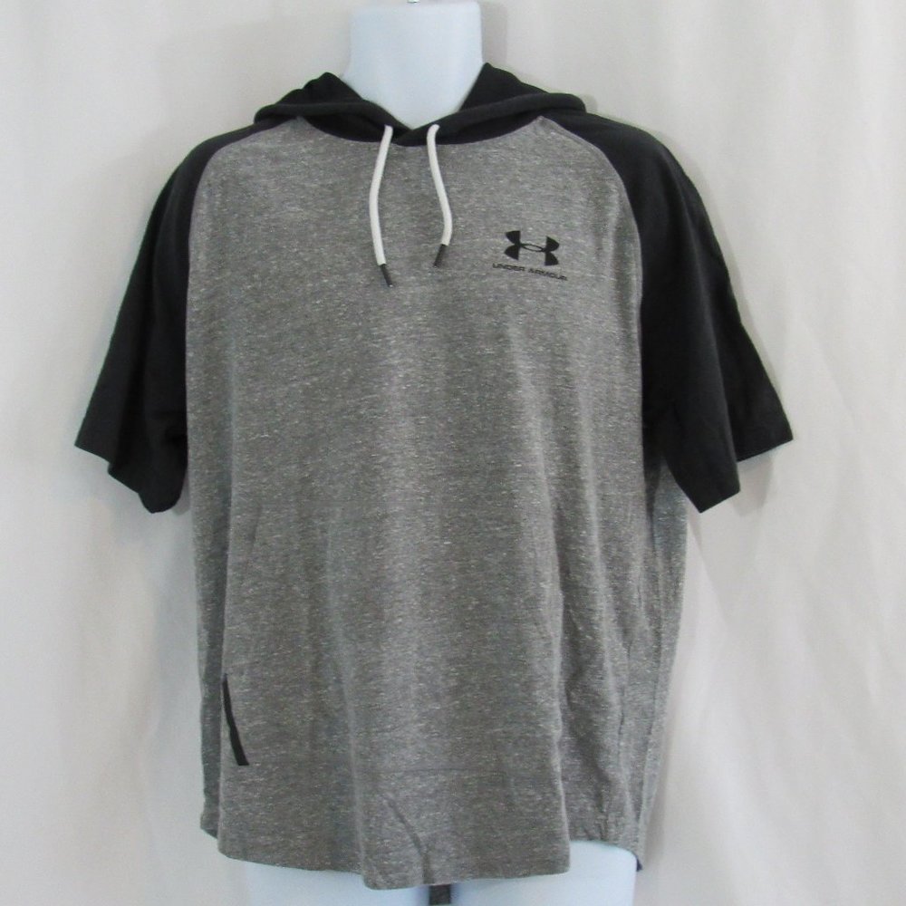 UNDER ARMOUR Men's Large Loose Fit HeatGear Gray & Black Hooded Pullover T-Shirt